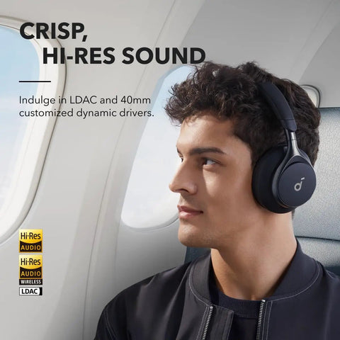 Man wearing Space One Active Noise Cancelling Headphones With 40 Hour Battery LDAC Hi Res Wireless Audio Bluetooth 5.3 on airplane