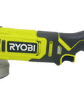 Ryobi ONE+ 18V cordless 4-1/2 in angle grinder; lime-yellow body with black grip and battery pack