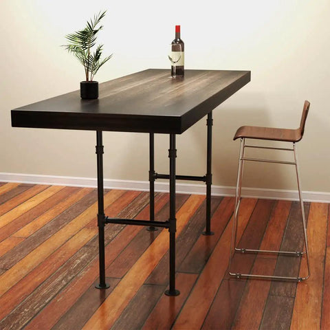 Industrial Pipe Table Leg Set 38 Inch By 14 Inch H Shape Iron Base For Bar Height Pub Tables Desks Nightstands DIY Wood Projects Heavy Duty Build For That Boss Industrial Vibe 2 Pack supporting a wooden bar table and stool.
