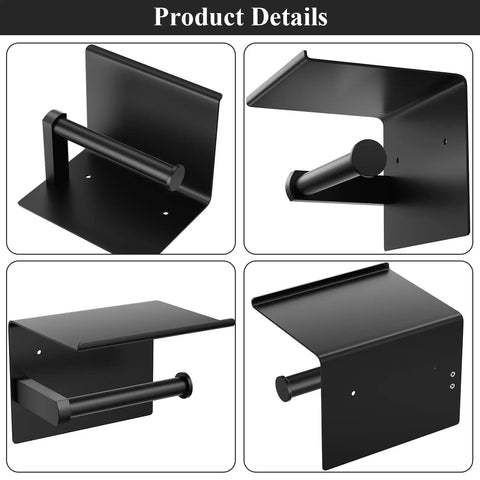Mega Size Toilet Paper Holder With Built In Phone Shelf And Towel Hooks, Adhesive Or Screw Mount, Stainless Steel Matte Black