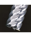 Close-up of carbide end mill with 6 flutes, silver metal, 1/4" shank.
