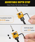 Close-up of woodworking countersink drill bit with low friction depth stop adjustment, showing drill hole and counterbore depths.