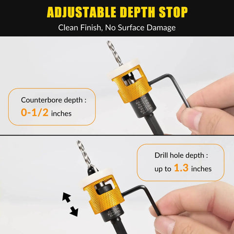Close-up of woodworking countersink drill bit with low friction depth stop adjustment, showing drill hole and counterbore depths.