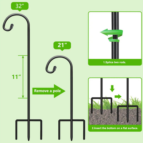 Adjustable 32 Inch Shepherds Hooks For Outdoor Garden Decor Hanging Lanterns Plants Bird Feeders Solar Lights Mason Jars Wreaths And Wedding Aisle Displays 2 Pack showing adjustable height and prong base.