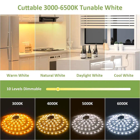 20ft Tunable White LED Strip Light Kit With Dimmable 3000K to 6500K Range showing color temperature variations