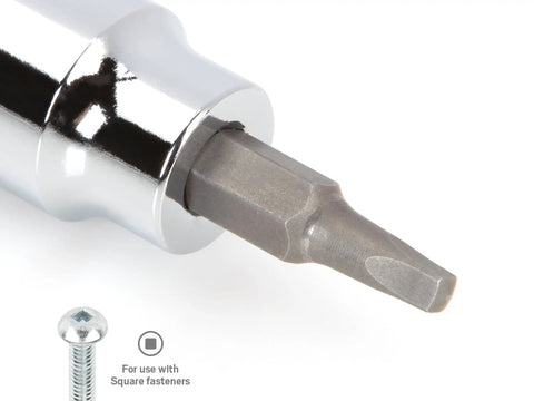 Close-up of square bit from Three Eighths Inch Drive Socket Set With Hex Torx Phillips Slotted And Square Bit Sockets, 53 Piece Kit.