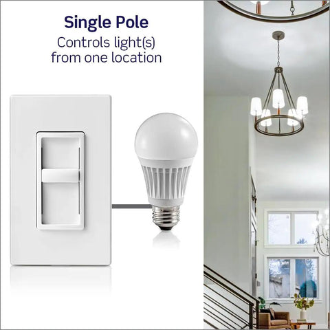 SureSlide Dimmer Switch For Dimmable LED Halogen And Incandescent Bulbs Model 6672-1LW White shown with LED bulb and chandelier.
