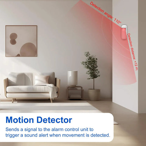 Living room interior with Dual WiFi And 4G Home Alarm System motion detector demonstrating detection range, in a modern home.