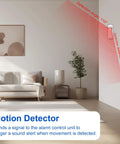 Living room with Wireless Home Security Alarm System Kit, motion detector showing detection angle and distance, modern decor.