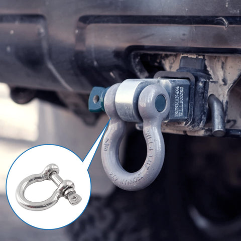 Close-up of a 1/4 inch screw pin anchor shackle attached to a vehicle, part of a Six Pack 6mm Screw Pin Anchor Shackles set.