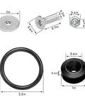 Components of 12 Piece Dope Bumper Quick Release Fastener Kit for Front and Rear Bumpers with dimensions shown.