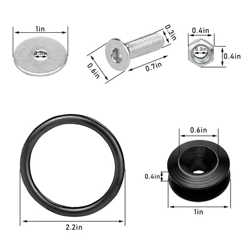 Components of 12 Piece Dope Bumper Quick Release Fastener Kit for Front and Rear Bumpers with dimensions shown.