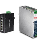 Rock Solid 5 Port Industrial Fast Ethernet Switch Packing 4 PoE Plus Ports And One Uplink Channel With 90 Watt Budget next to 120 Watt power supply.