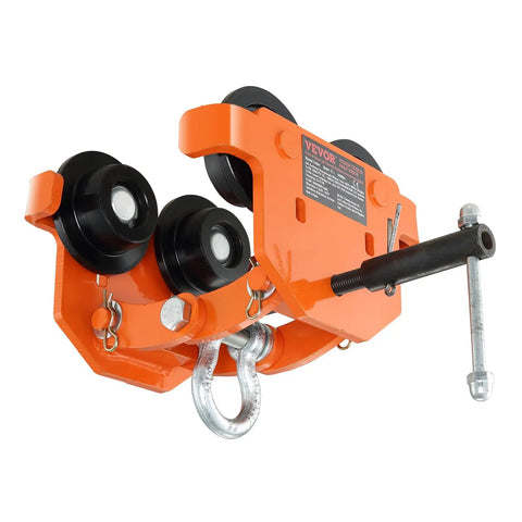 Beefy Manual Beam Trolley For 2 Ton Load dual wheel push trolley, heavy duty alloy steel, adjustable I beam width, side view
