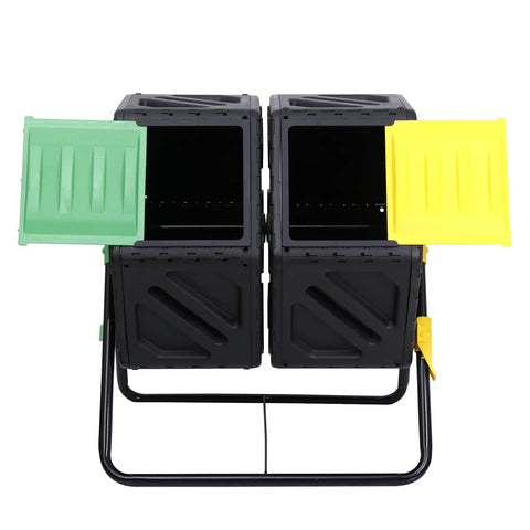 Rotating Compost Tumbler Bin With Dual Chamber And Sliding Doors, Black Iron and PP Plastic, Front View