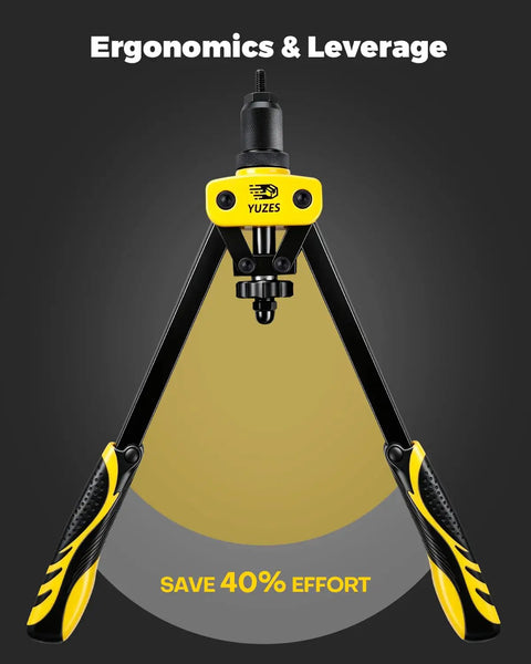 Close-up of Rivet Nut Tool Kit With 11 Mandrels And 175 Rivet Nuts, 14 Inch Nutsert Tool, black and yellow ergonomic handles