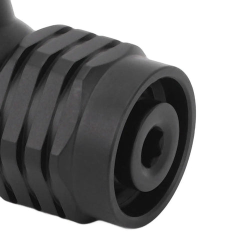 Close-up of diving regulator adapter for second stage connector with 110 degree swivel hose, showcasing rugged black finish.