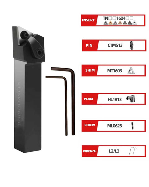 CBN Turning Inserts Set With MTJNR1616H16 Tool Holder for hardened steel featuring parts list including insert, pin, shim, plam, screw, wrench.