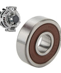 Drop In Double Sealed Aluminum Alloy Alternator Bearing Replacement With Precise Seventeen Millimeter Bore Forty Seven Millimeter Outer Diameter And Fourteen Millimeter Wide For Smooth Quiet Power On Your Ride And Long Lasting Electrical System showing close-up view next to alternator