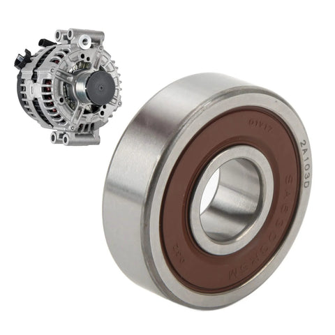 Drop In Double Sealed Aluminum Alloy Alternator Bearing Replacement With Precise Seventeen Millimeter Bore Forty Seven Millimeter Outer Diameter And Fourteen Millimeter Wide For Smooth Quiet Power On Your Ride And Long Lasting Electrical System showing close-up view next to alternator