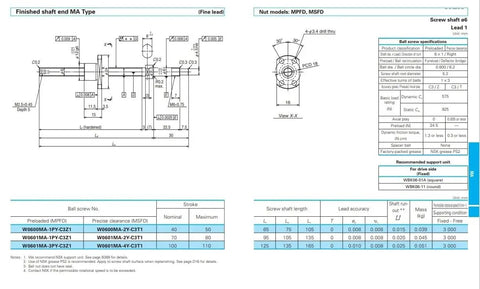 Technical drawing of Heavy Duty Ground Rolled Steel Ball Screw Model W0400MA with integrated nut assembly and specifications.