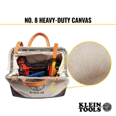 Heavy Duty Natural Canvas Tool Bag Tote With Wide Hinged Opening And Leather Handles, 12 Inch Multi Purpose Tool Carrier