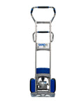 Heavy Duty Electric Stair Climbing Dolly With 375 Lb Capacity For Smooth Appliance Moves Beverage Delivery And Commercial Hand Truck Hauling front view with blue and silver design.