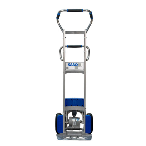 Heavy Duty Electric Stair Climbing Dolly With 375 Lb Capacity For Smooth Appliance Moves Beverage Delivery And Commercial Hand Truck Hauling front view with blue and silver design.