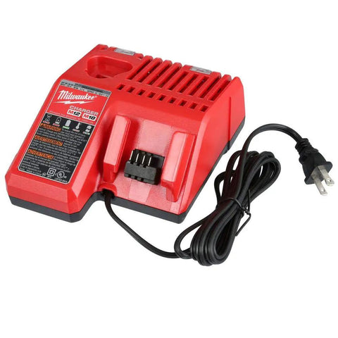 Milwaukee M12 M18 charger with LED indicators, designed for efficient battery charging for tools like the Industrial Strength M18 Cordless 1/2 Inch Hammer Drill.