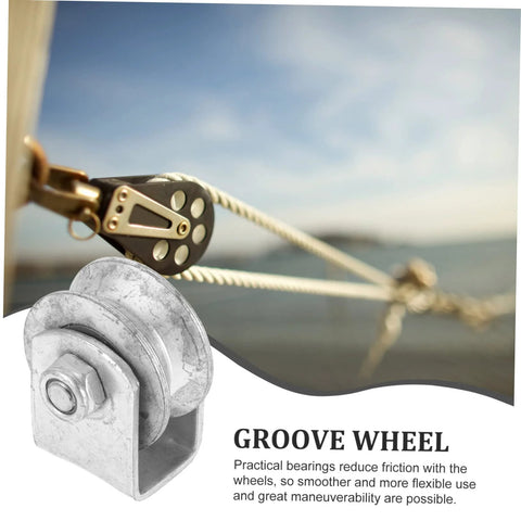 Side view of Veemoon heavy-duty V-groove wheel pulley with cast-iron housing and rope