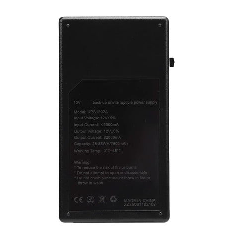 Solid 7800mAh UPS Power Supply For Router And Modem Backups Delivers Steady 24 Watts shown from behind with specifications.