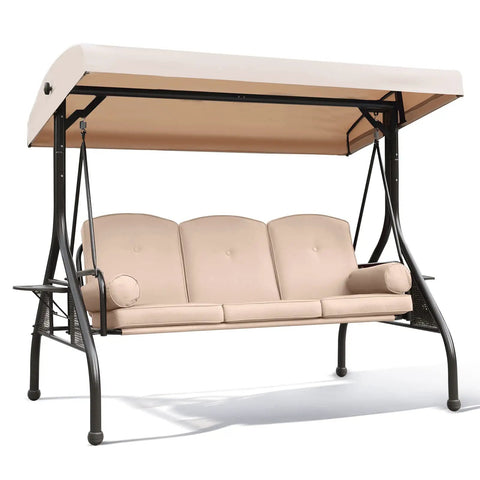 Three Seat Outdoor Porch Swing With Adjustable Canopy, Comfy Waterproof Cushions And Pillow, visible side view, foldable tray