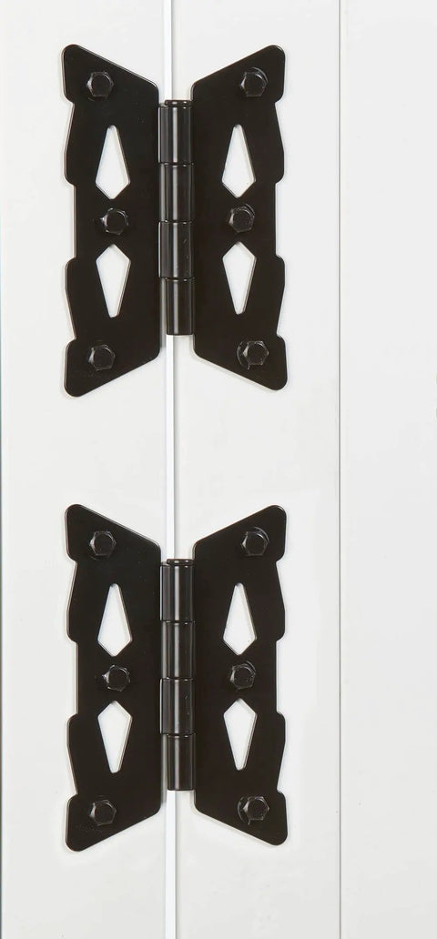 Top Shelf Decorative Butterfly Hinges In Solid Black Steel For Tough Exterior Doors And Yard Gates With Clean Matte Coating and visible mounting bolts.