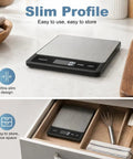 Digital Kitchen Scale With 33Lb Capacity, stainless steel surface, USB rechargeable, displayed on counter and stored in drawer