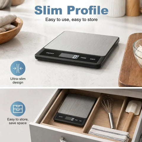Digital Kitchen Scale With 33Lb Capacity, stainless steel surface, USB rechargeable, displayed on counter and stored in drawer
