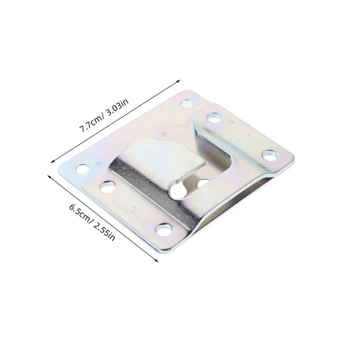 Close-up of silver steel bracket, part of Six Set Couch Connector Kit For Sectionals With Steel Interlocking Brackets And Metal Attachment Hooks.