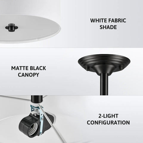 Matte Black 13 Inch Drum Ceiling Light Fixture With White Shade Two-Light Semi-Flush Mount Close-To-Ceiling Lamp details