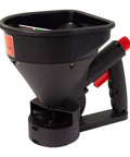 Five Pound All Season Handheld Spreader With Easy Fill Design For Seed Ice Melt And Fertilizer Perfect For Sidewalks Yards And Hard To Reach Spots Compact Design For Quick Refill And Effortless Spreading In Tight Corners, black poly body with red handle, 5 lb capacity, adjustable flow