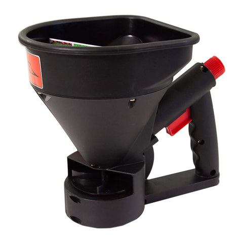 Five Pound All Season Handheld Spreader With Easy Fill Design For Seed Ice Melt And Fertilizer Perfect For Sidewalks Yards And Hard To Reach Spots Compact Design For Quick Refill And Effortless Spreading In Tight Corners, black poly body with red handle, 5 lb capacity, adjustable flow
