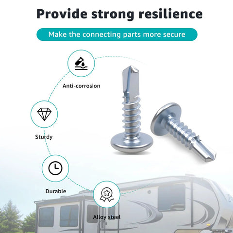 10 X 3/4 Inch Self Tapping Sheet Metal Screws For Enclosed Trailers No Sweat Install, showing alloy steel screws with anti-corrosion features.