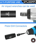 Beefy Heavy Duty 14 Piece Half Inch Impact Socket Set With Deep Sockets Industrial Grade Chrome Vanadium High Torque Includes Drill Socket Adapter shown with air impact wrench and drill.