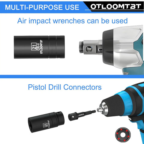 Beefy Heavy Duty 14 Piece Half Inch Impact Socket Set With Deep Sockets Industrial Grade Chrome Vanadium High Torque Includes Drill Socket Adapter shown with air impact wrench and drill.