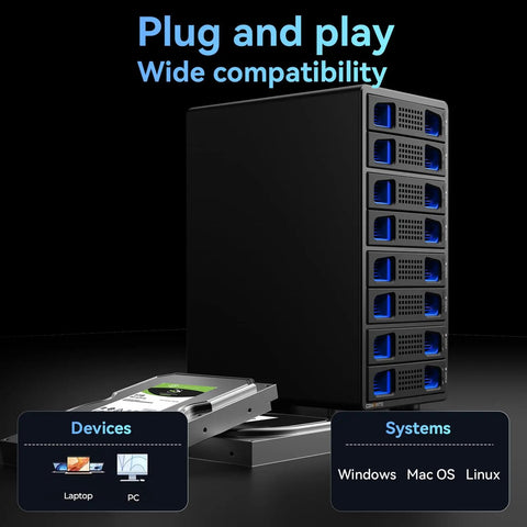 Killer Eight Bay Aluminum Hard Drive Enclosure With Badass Cooling Fan For 10Gbps Usb Type C 3.2 showing eight SATA drive slots