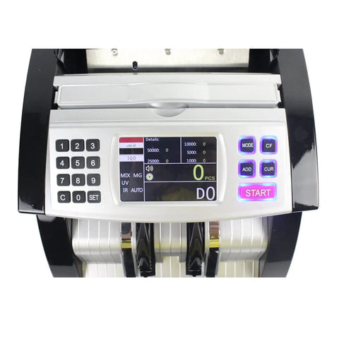 Straight Up Money Counter Machine With Slick Anti Counterfeit Sensors Automated Bill Scanner For Iqd Iraqi Dinar digital display and buttons view.