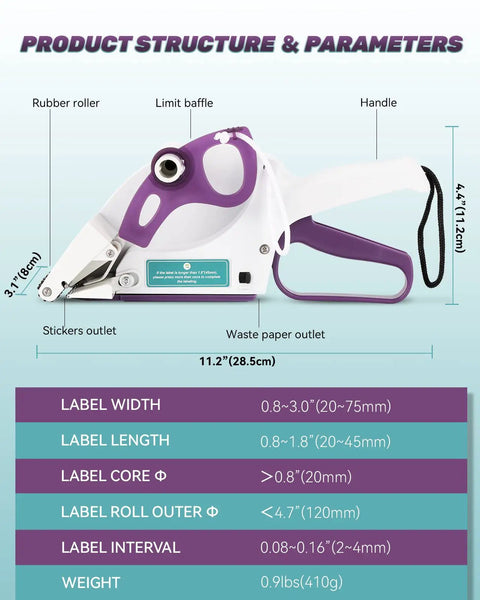 Portable Handheld Label Applicator Gun For Barcodes And Stickers with dimensions for labels and waste outlet.