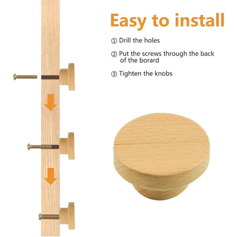 Installation guide for Half Moon Wooden Drawer Handles Set Of 6 Beech Wood Wardrobe And Cabinet Pulls with screws shown.