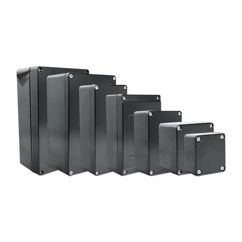 BARRINS black aluminum waterproof electrical boxes set of nine in varying sizes for outdoor junction housings