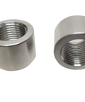 Pair Of Heavy Duty 3/8 Inch NPT Female Weld On Bung Fittings For Fuel Cells Oil Pans Radiators Solid 6061 Aluminum Raw Finish Built Tough As Nails Made In Usa, showing solid aluminum weld bungs.