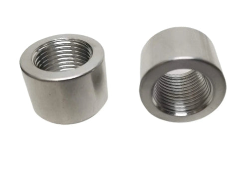 Pair Of Heavy Duty 3/8 Inch NPT Female Weld On Bung Fittings For Fuel Cells Oil Pans Radiators Solid 6061 Aluminum Raw Finish Built Tough As Nails Made In Usa, showing solid aluminum weld bungs.