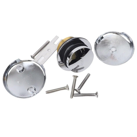 Single Hole Bathtub Drain Kit Silver Plastic Overflow with chrome components and screws for installation, suitable for various bathtubs.